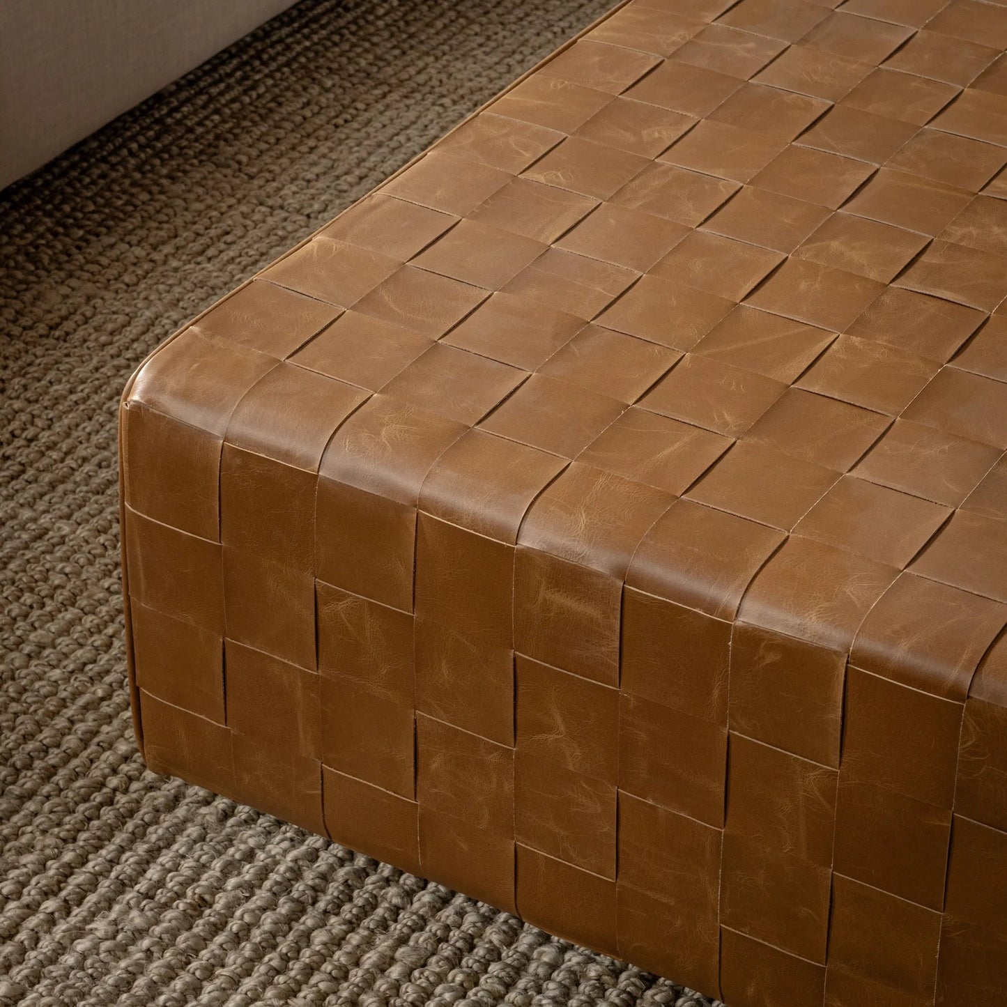 013 SI-2388530 | Closeup | Aristo Leather Square Cocktail Ottoman by Classic Home in autum maple. Made from leather, mango wood, plywood in a rustic style.