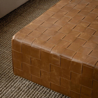 Aristo Leather Square Cocktail Ottoman by Classic Home in autum maple. Made from leather, mango wood, plywood in a rustic style.