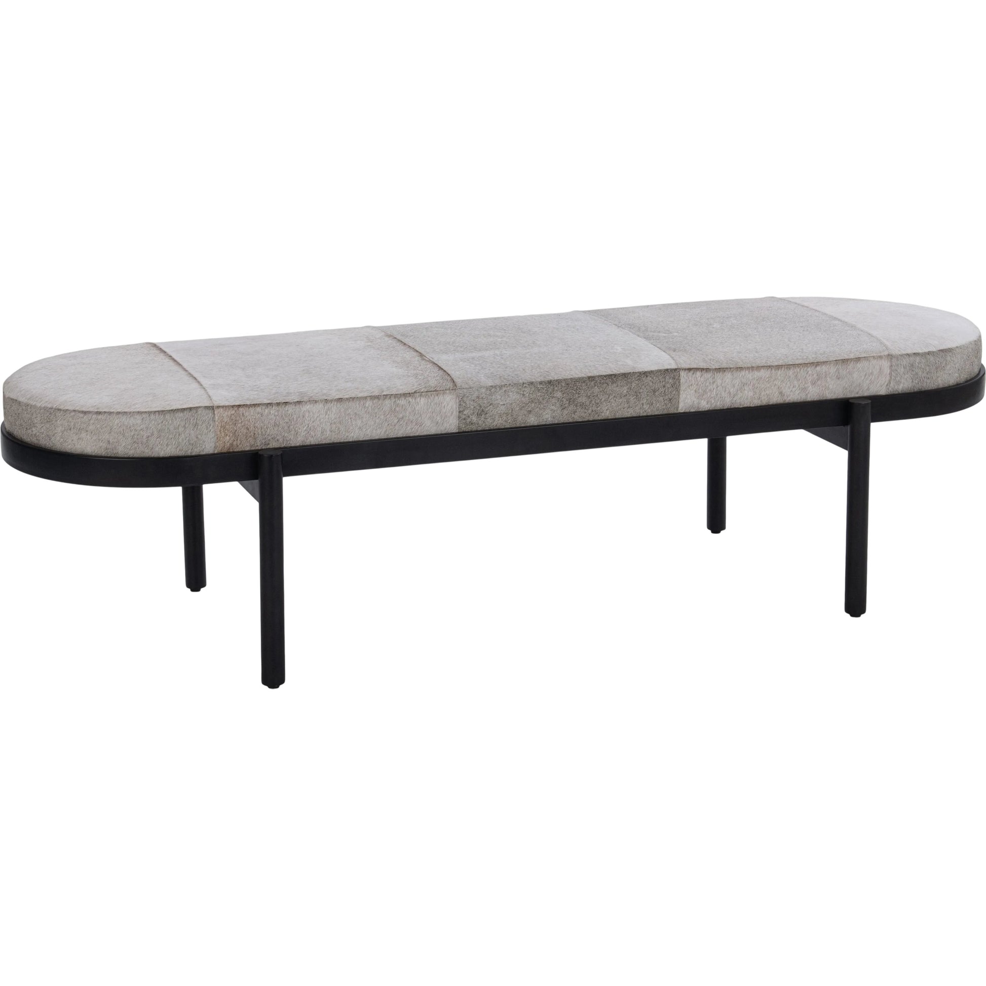 Evelyn Hair on Hide Accent Bench by Classic Home in sparrow gray. Made from hair on hide, iron in a unique style.