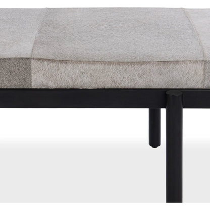 Evelyn Hair on Hide Accent Bench by Classic Home in sparrow gray. Made from hair on hide, iron in a unique style.