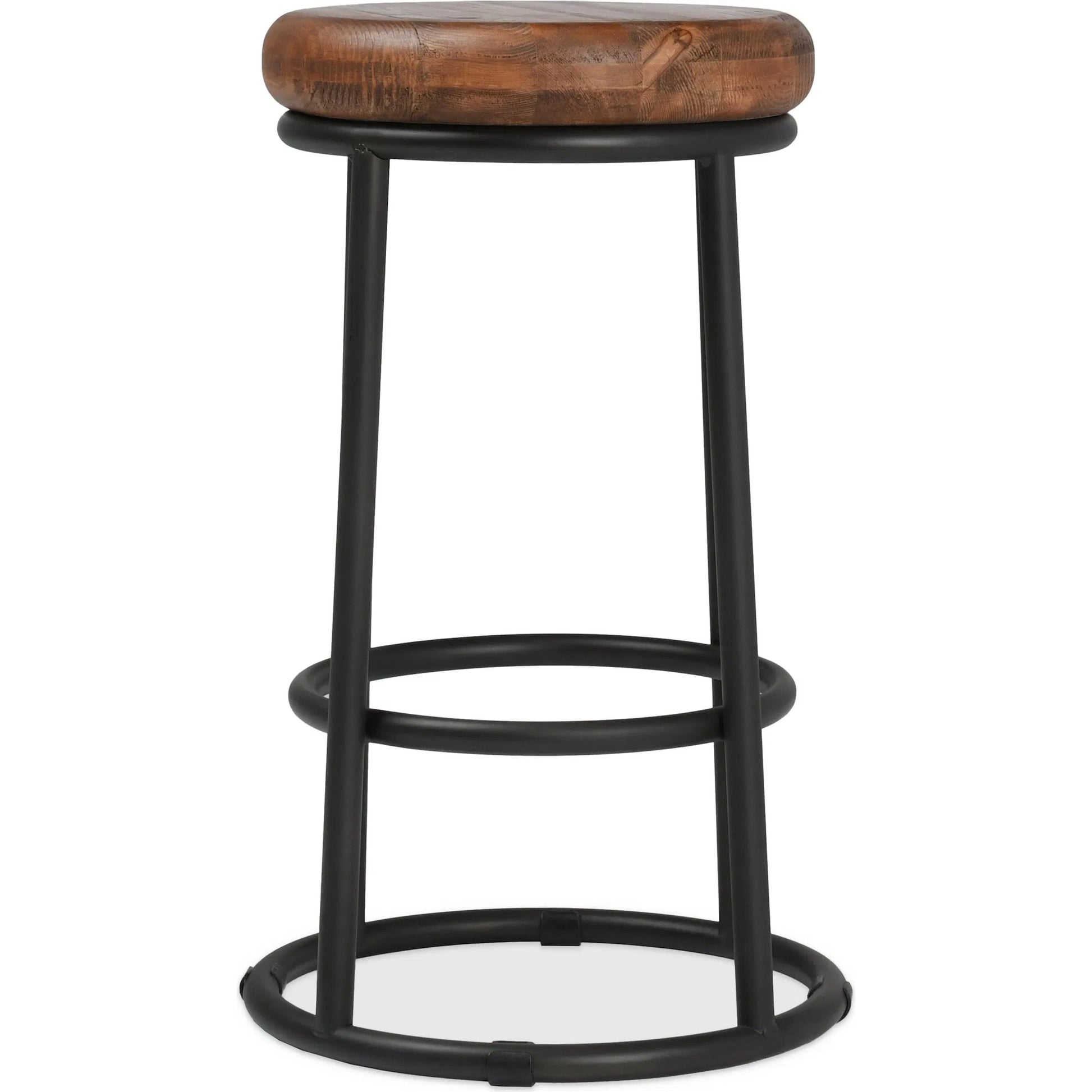 Kendall Counter Stool by Kosas Home in mahogany. Made from solid reclaimed pine wood, iron base in a modern style.