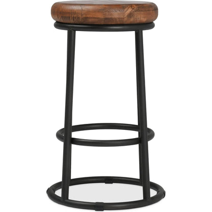 Kendall Counter Stool by Kosas Home in mahogany. Made from solid reclaimed pine wood, iron base in a modern style.