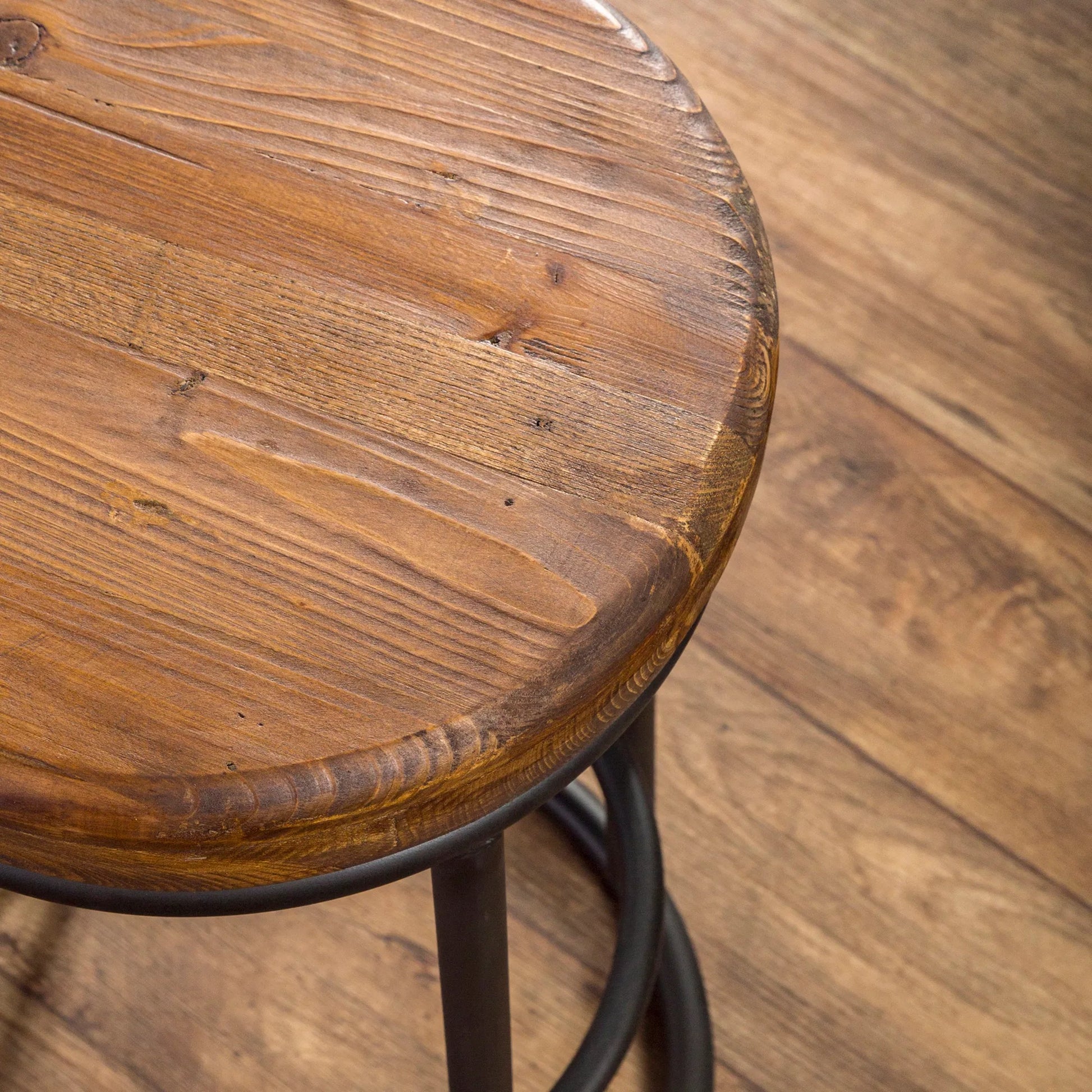Kendall Counter Stool by Kosas Home in mahogany. Made from solid reclaimed pine wood, iron base in a modern style.