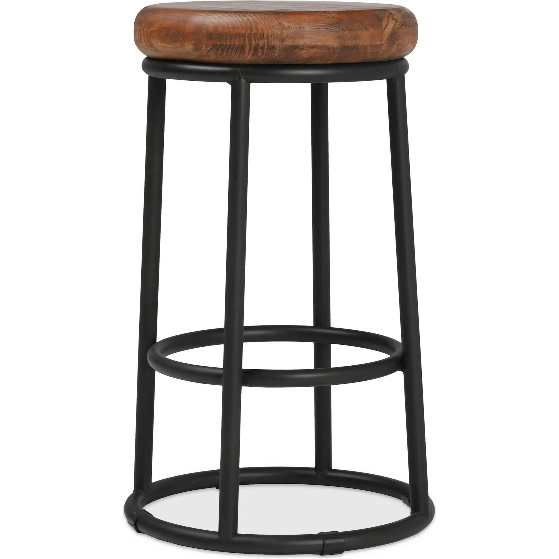 Kendall Counter Stool by Kosas Home in mahogany. Made from solid reclaimed pine wood, iron base in a modern style.