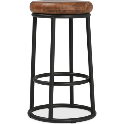 Kendall Counter Stool by Kosas Home in mahogany. Made from solid reclaimed pine wood, iron base in a modern style.