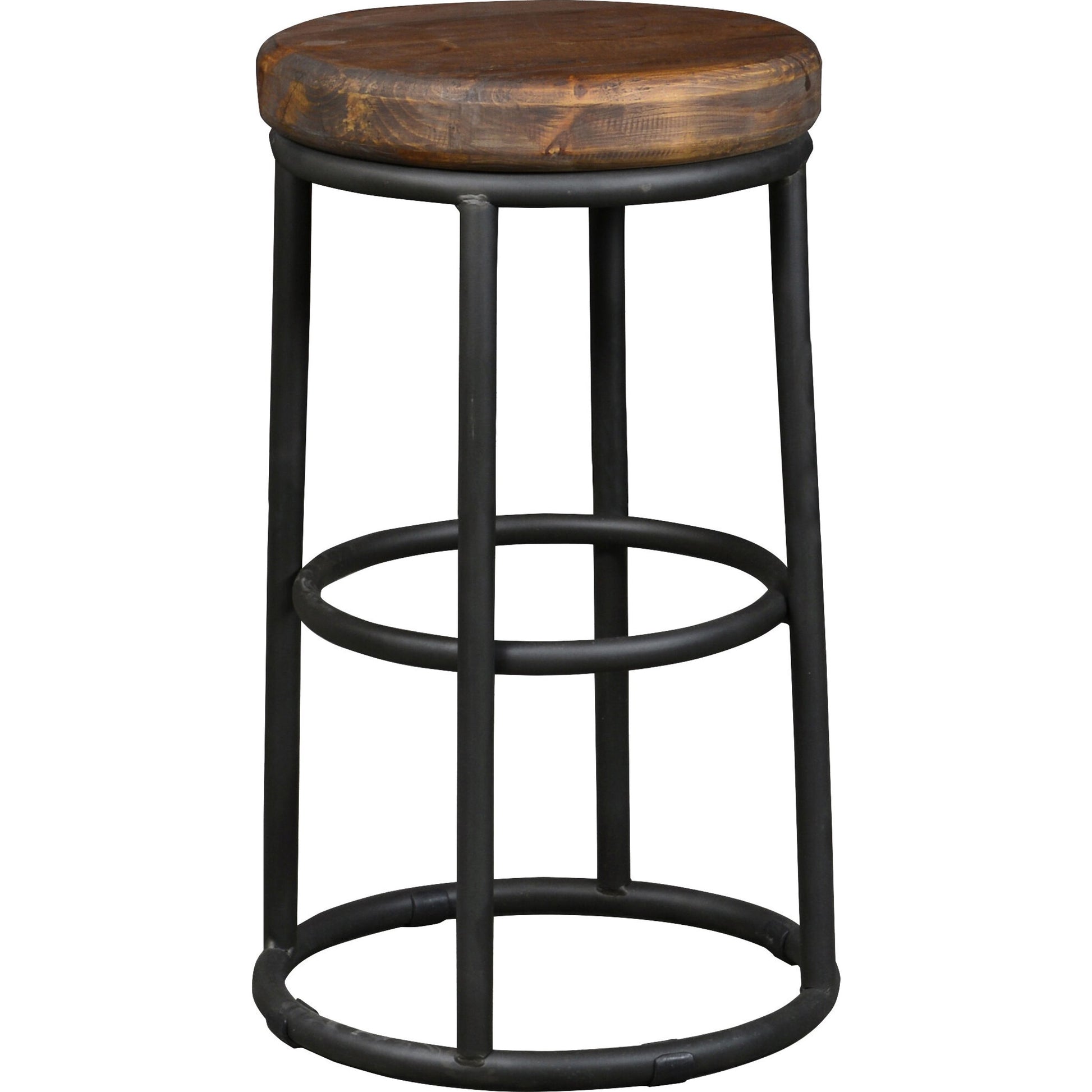 Kendall Counter Stool by Kosas Home in mahogany. Made from solid reclaimed pine wood, iron base in a modern style.