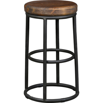 Kendall Counter Stool by Kosas Home in mahogany. Made from solid reclaimed pine wood, iron base in a modern style.