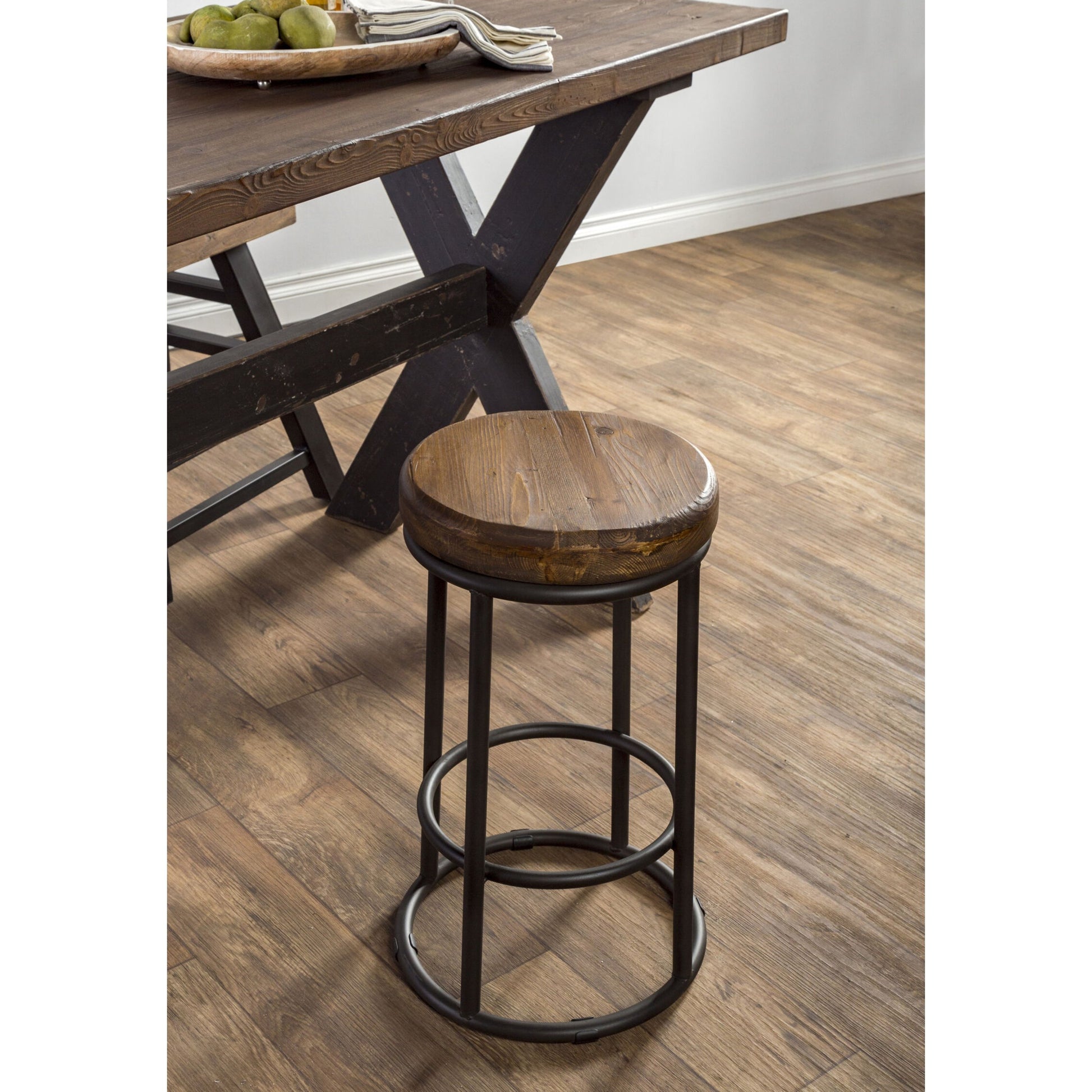 Kendall Counter Stool by Kosas Home in mahogany. Made from solid reclaimed pine wood, iron base in a modern style.