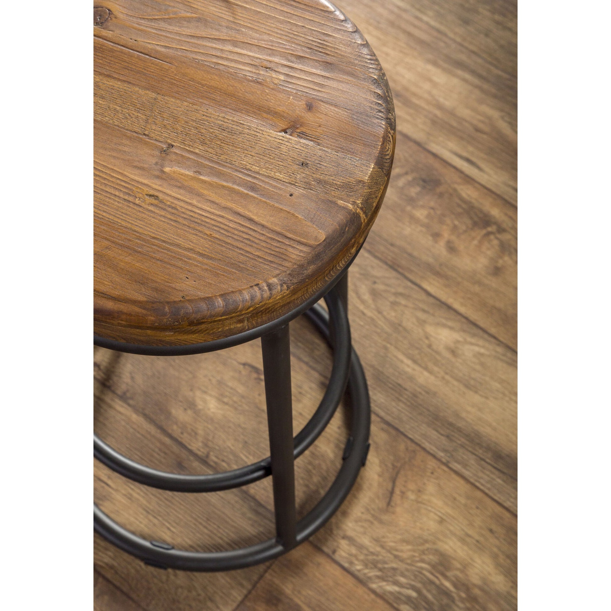 Kendall Counter Stool by Kosas Home in mahogany. Made from solid reclaimed pine wood, iron base in a modern style.