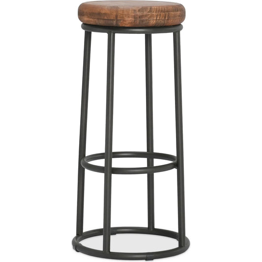 Kendall Barstool by Kosas Home in mahogany. Made from solid reclaimed pine wood, iron base in a modern style.