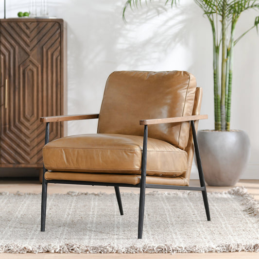 Chris Accent Chair by Classic Home in tan. Made from top grain leather upholstery, iron frame in a modern style.