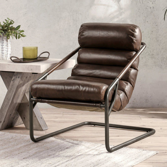 Jamia Accent Chair by Classic Home in brown. Made from top grain leather, iron in a modern style.