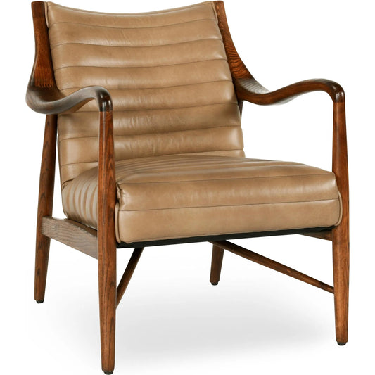 Kenneth Club Chair by Classic Home in tan upholstery, natural wood finish. Made from top grain leather, ash wood in a transitional style.