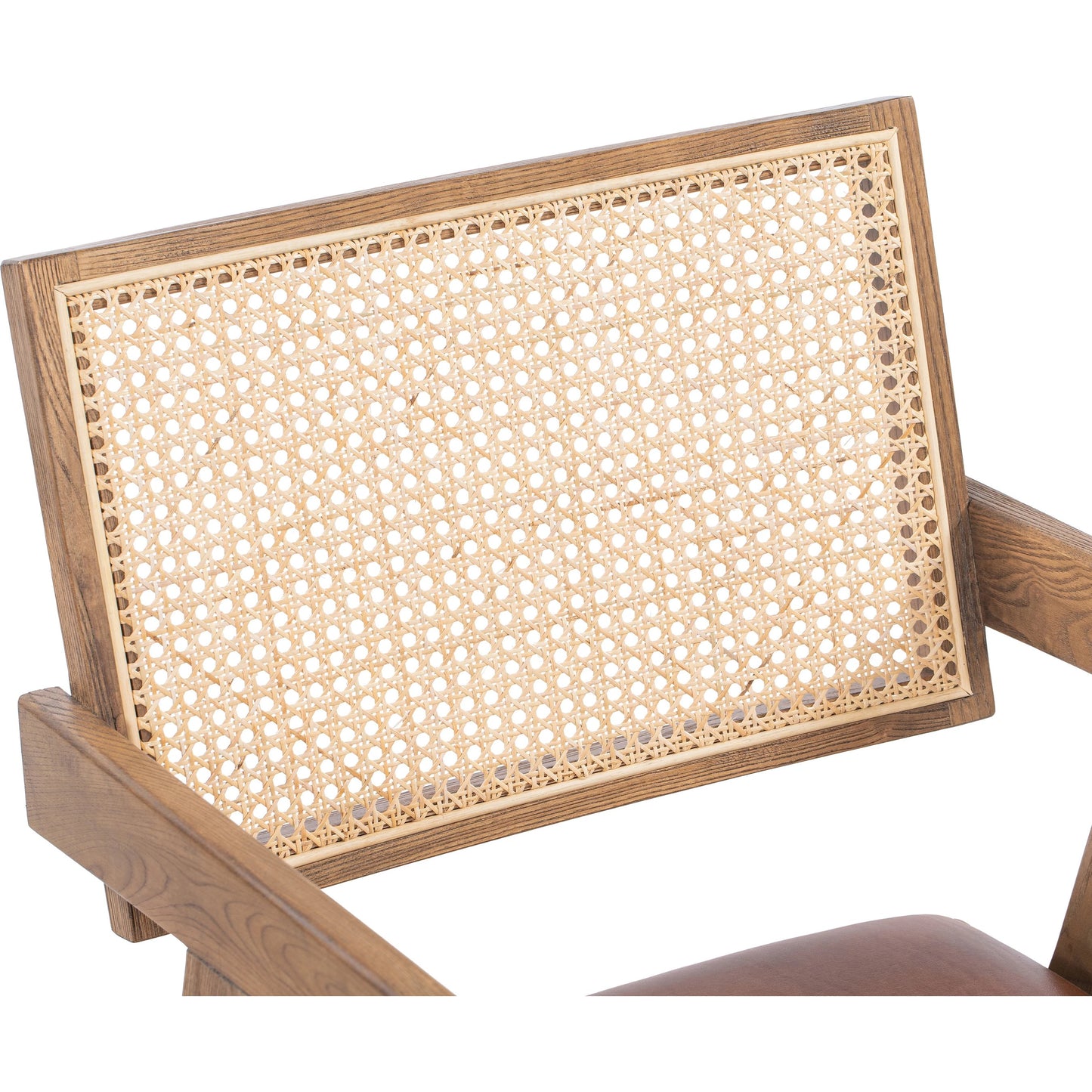 007 SI-2162623 | Closeup | Douglas Top-Grain Leather & Rattan Dining Chair by Classic Home in tan. Made from ash wood, top-grain leather, rattan in a transitional style.
