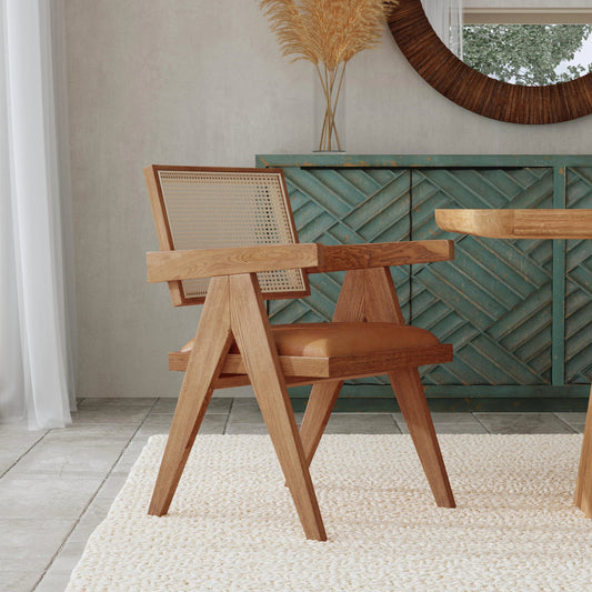 Douglas Top-Grain Leather & Rattan Dining Chair by Classic Home in tan. Made from ash wood, top-grain leather, rattan in a transitional style.