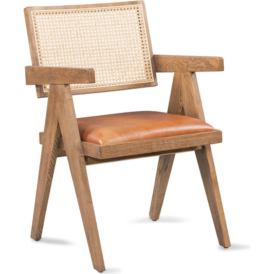 Douglas Top-Grain Leather & Rattan Dining Chair by Classic Home in tan. Made from ash wood, top-grain leather, rattan in a transitional style.