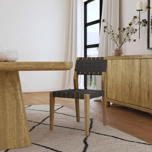 Orlando Oak Dining Chair (Set of 2) by Classic Home in light brown with black webbing. Made from oak wood frame, polyester webbing in a modern style.