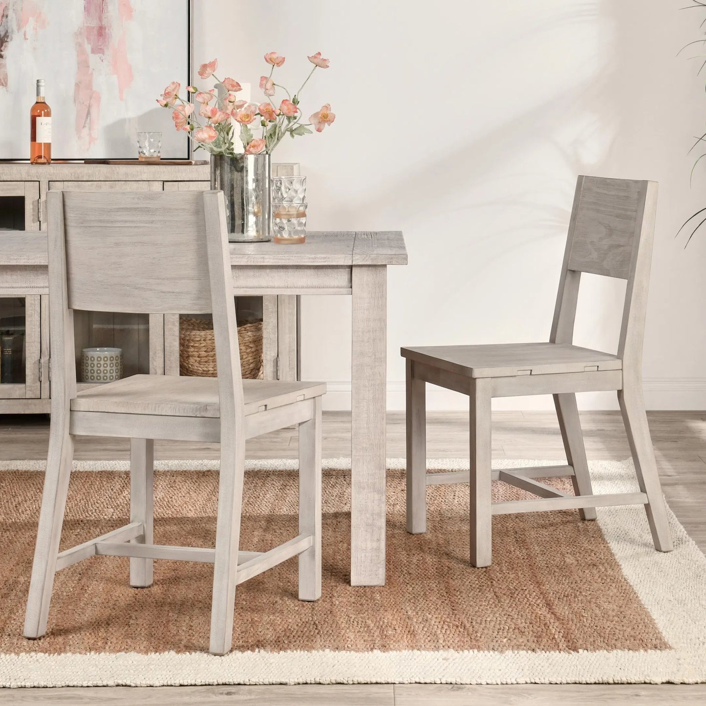 007 SI-2453397 | Lifestyle | Driftwood Dining Chair (Set of 2) by Kosas Home in antique ivory. Made from reclaimed pine wood in a transitional style.