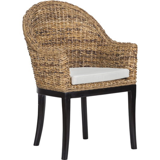 Owen Side Chair by Kosas Home. Made from rattan abaca top, 100% polyester cushion, mahogany legs in a coastal style.
