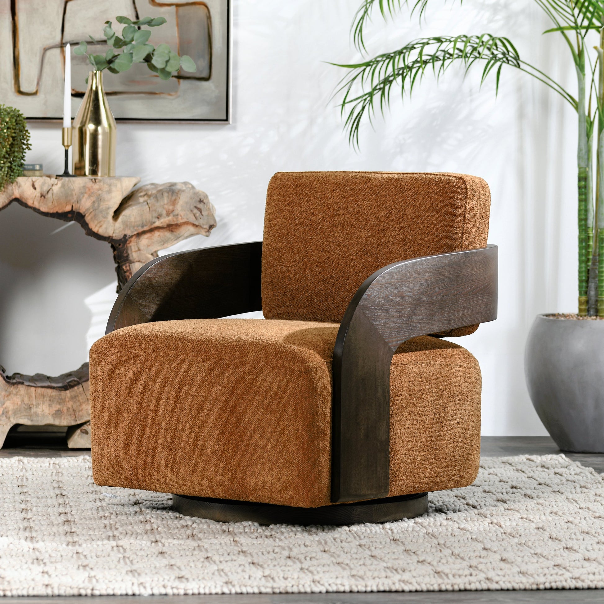 Toscana Swivel Accent Chair by Classic Home in amber. Made from ash wood, 100% polyester in a modern style.