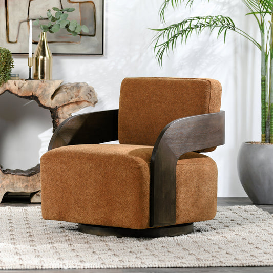 Toscana Swivel Accent Chair by Classic Home in amber. Made from ash wood, 100% polyester in a modern style.