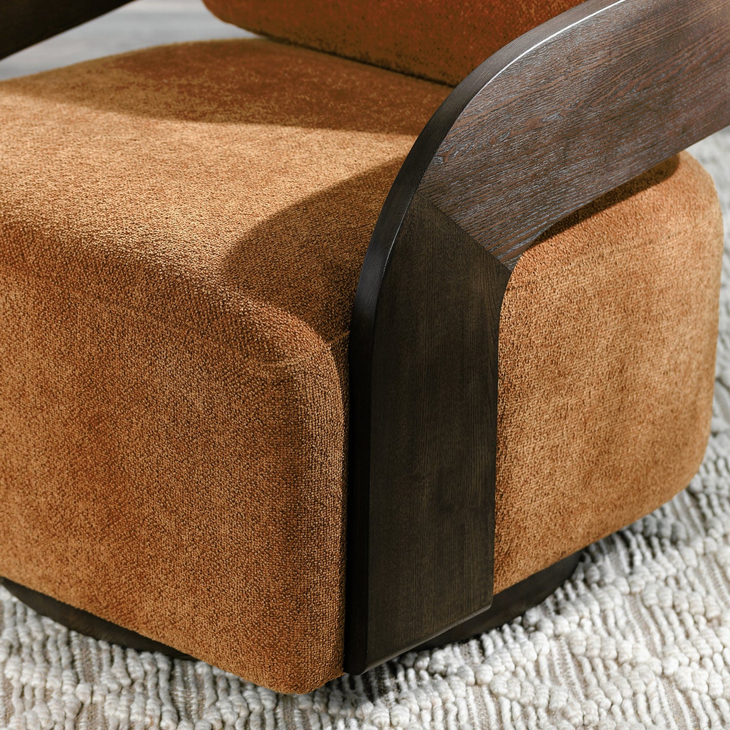 007 SI-2162630 | Closeup | Toscana Swivel Accent Chair by Classic Home in amber. Made from ash wood, 100% polyester in a modern style.