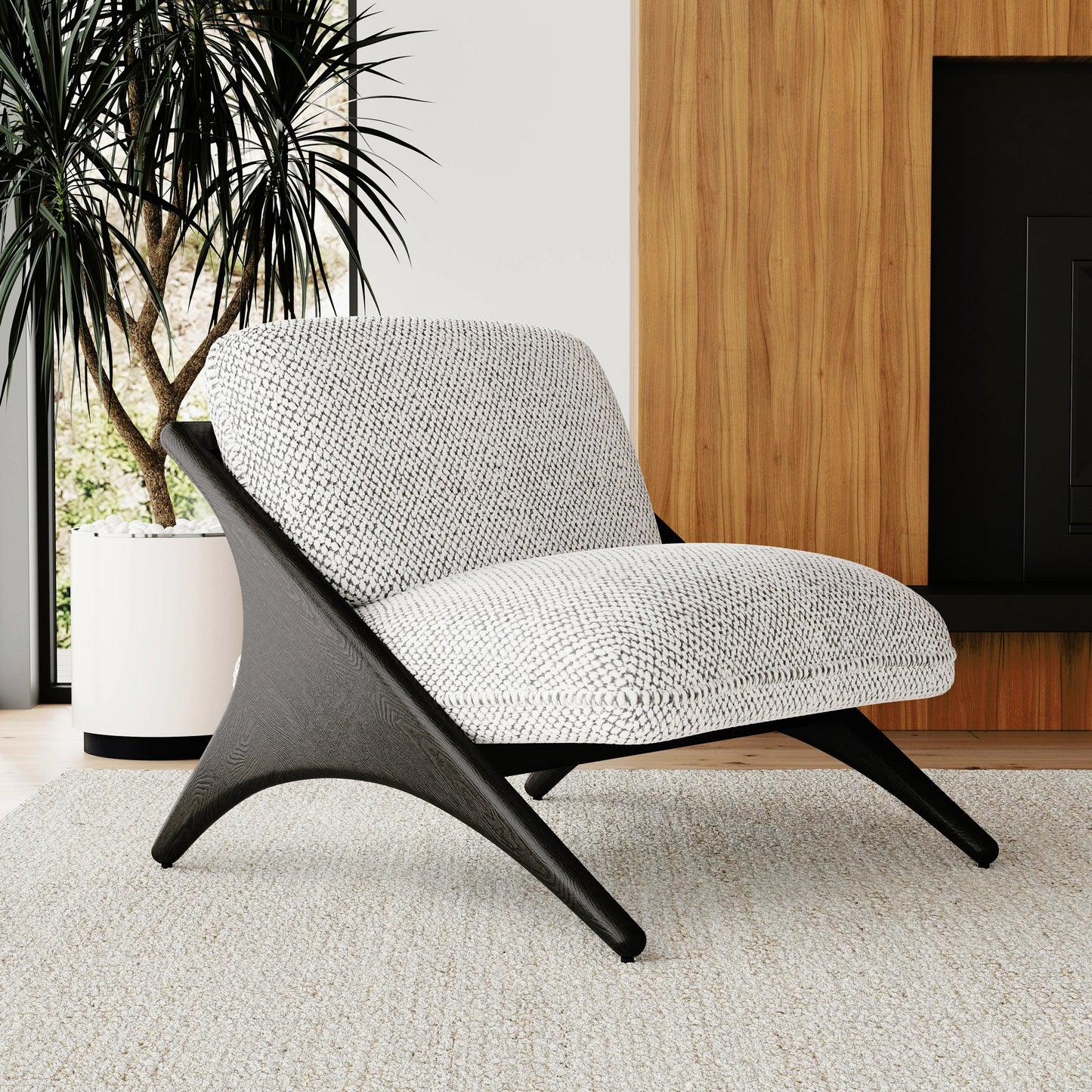 021 SI-2162632 | Lifestyle | Georgia Accent Chair by Classic Home in black, gray. Made from 80% polyester, 20% acrylic, ash wood in a modern style.