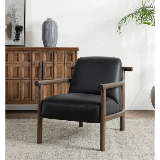 Azoria Leather Accent Chair by Classic Home in black. Made from top grain leather, rubber wood in a unique style.