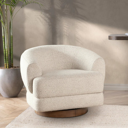 Chassia Upholstered Swivel Chair by Classic Home in beige. Made from 95% polyester, 5% wool, ash wood in a transitional style.