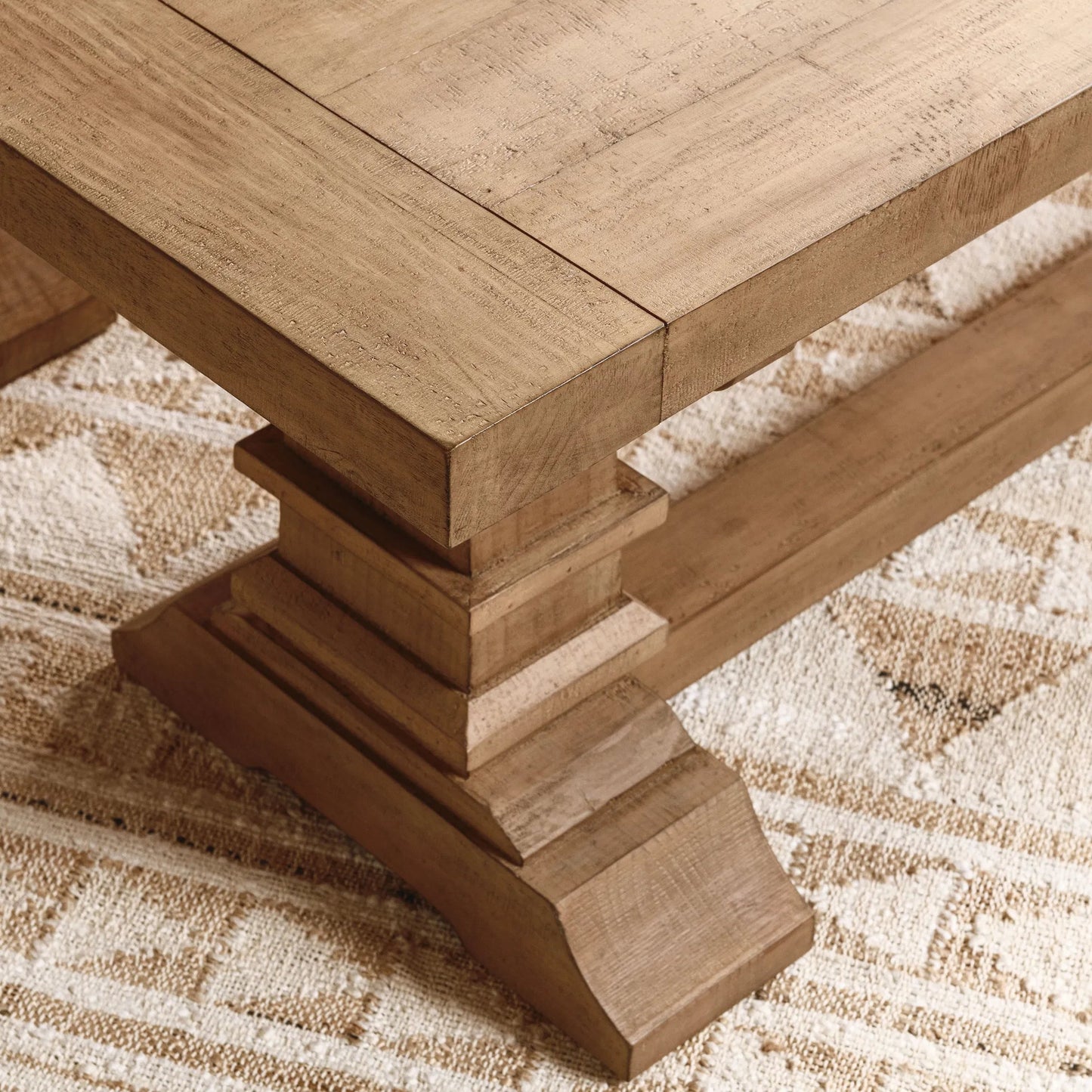 009 SI-2353774 | Closeup | Allegra Reclaimed Pine Wood Dining Bench by Kosas Home in natural. Made from reclaimed pine in a transitional style.