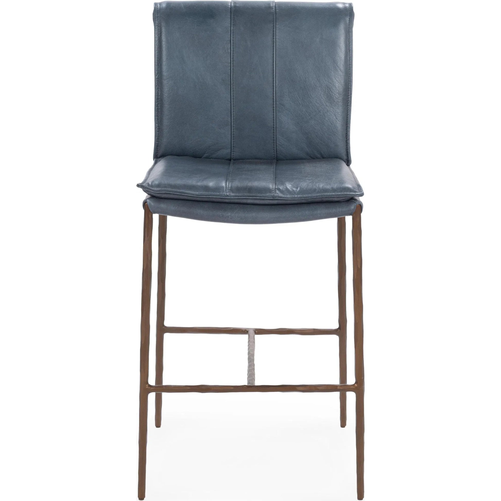 Mayer Leather Counter Stool by Classic Home in ocean blue. Made from top grain leather, hammered iron in a transitional style.