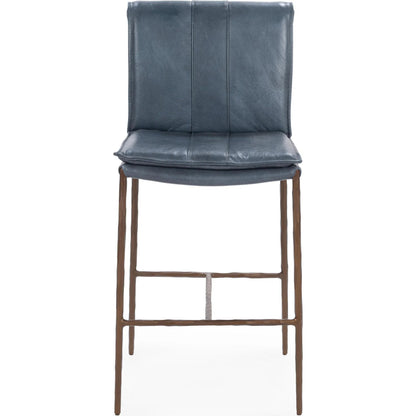 Mayer Leather Counter Stool by Classic Home in ocean blue. Made from top grain leather, hammered iron in a transitional style.