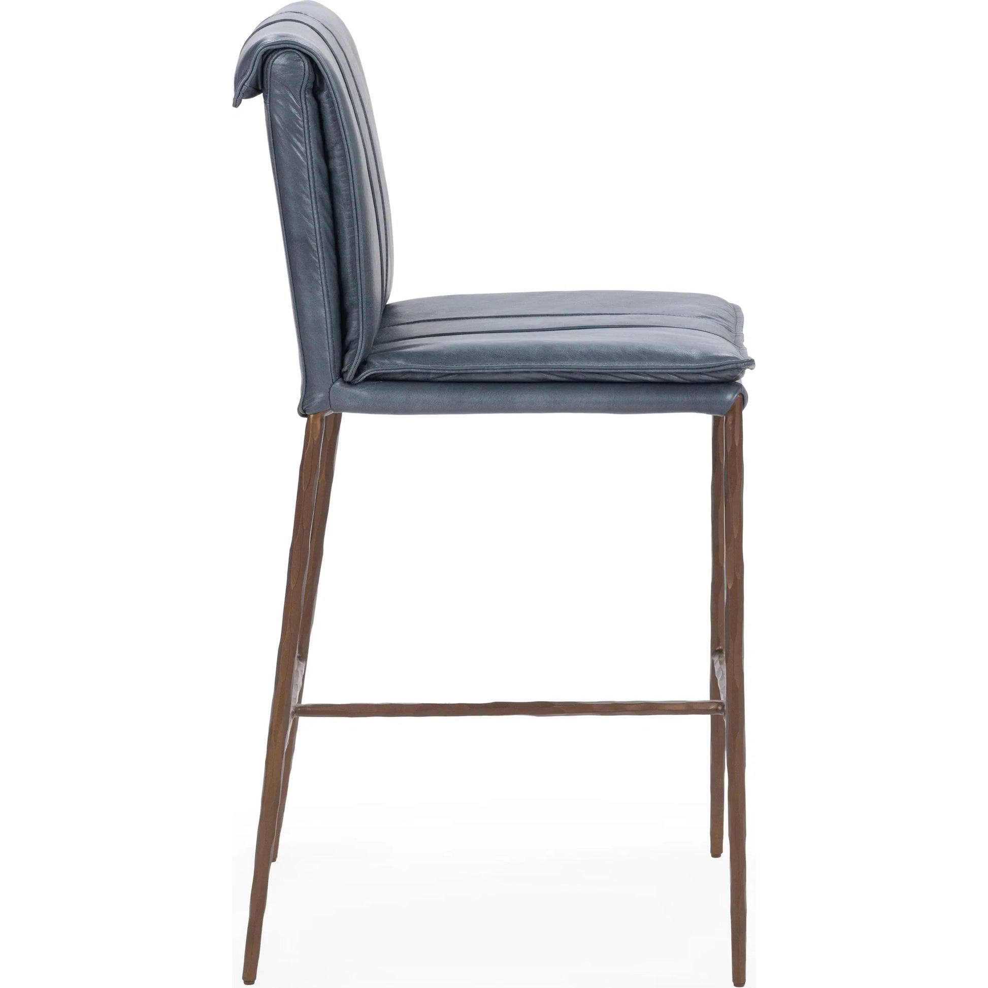 Mayer Leather Counter Stool by Classic Home in ocean blue. Made from top grain leather, hammered iron in a transitional style.