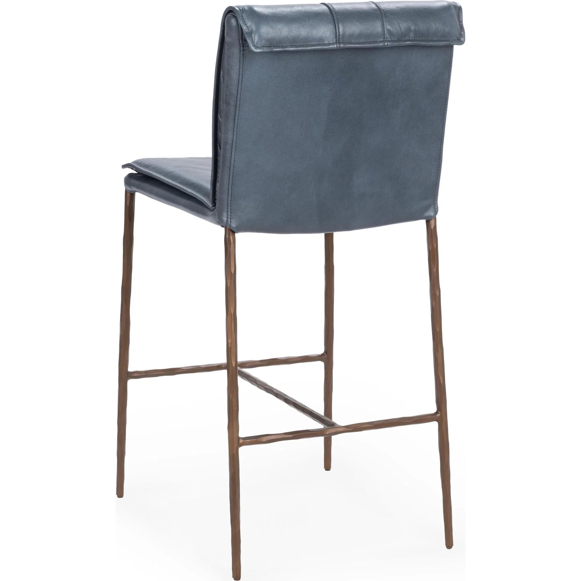 Mayer Leather Counter Stool by Classic Home in ocean blue. Made from top grain leather, hammered iron in a transitional style.