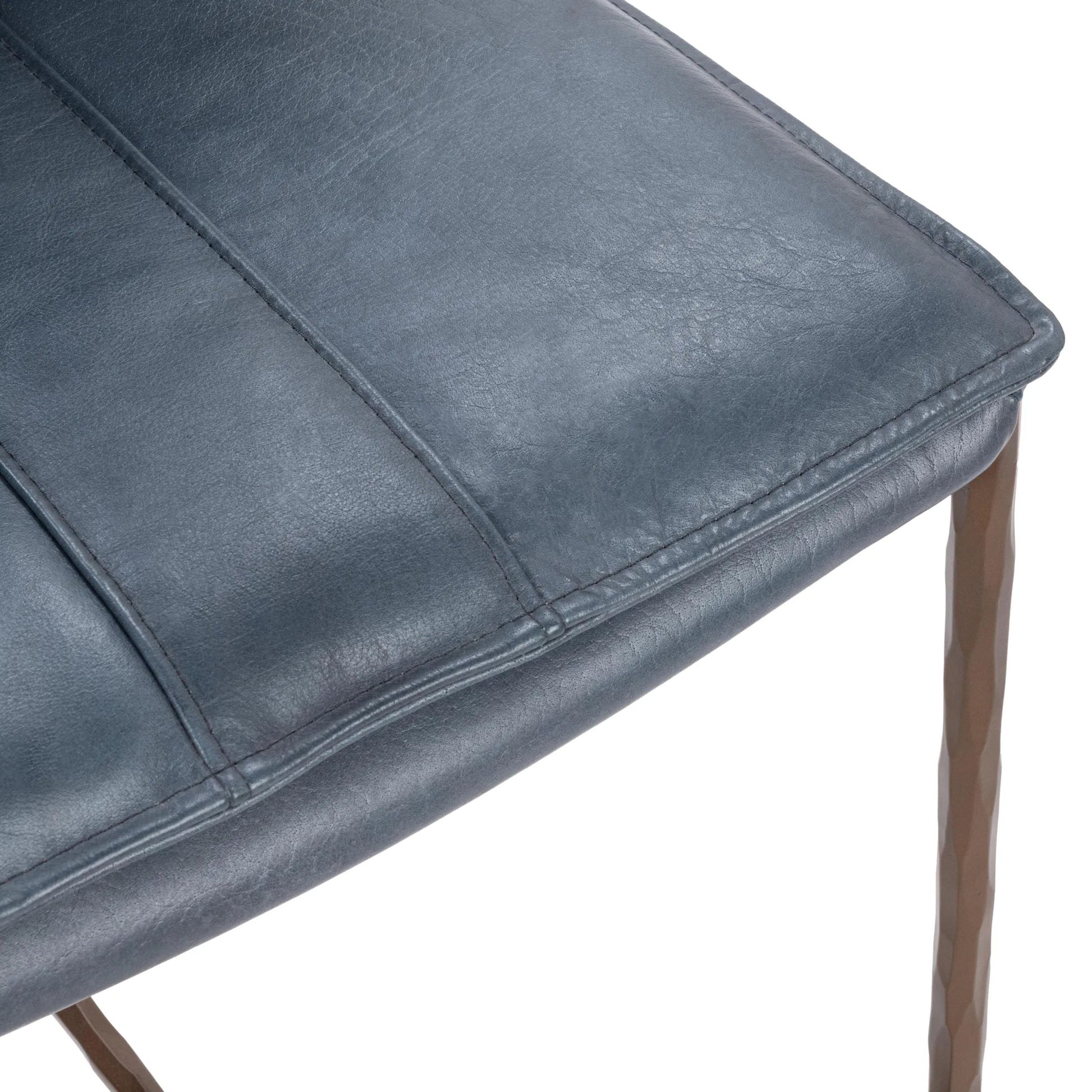 Mayer Leather Counter Stool by Classic Home in ocean blue. Made from top grain leather, hammered iron in a transitional style.