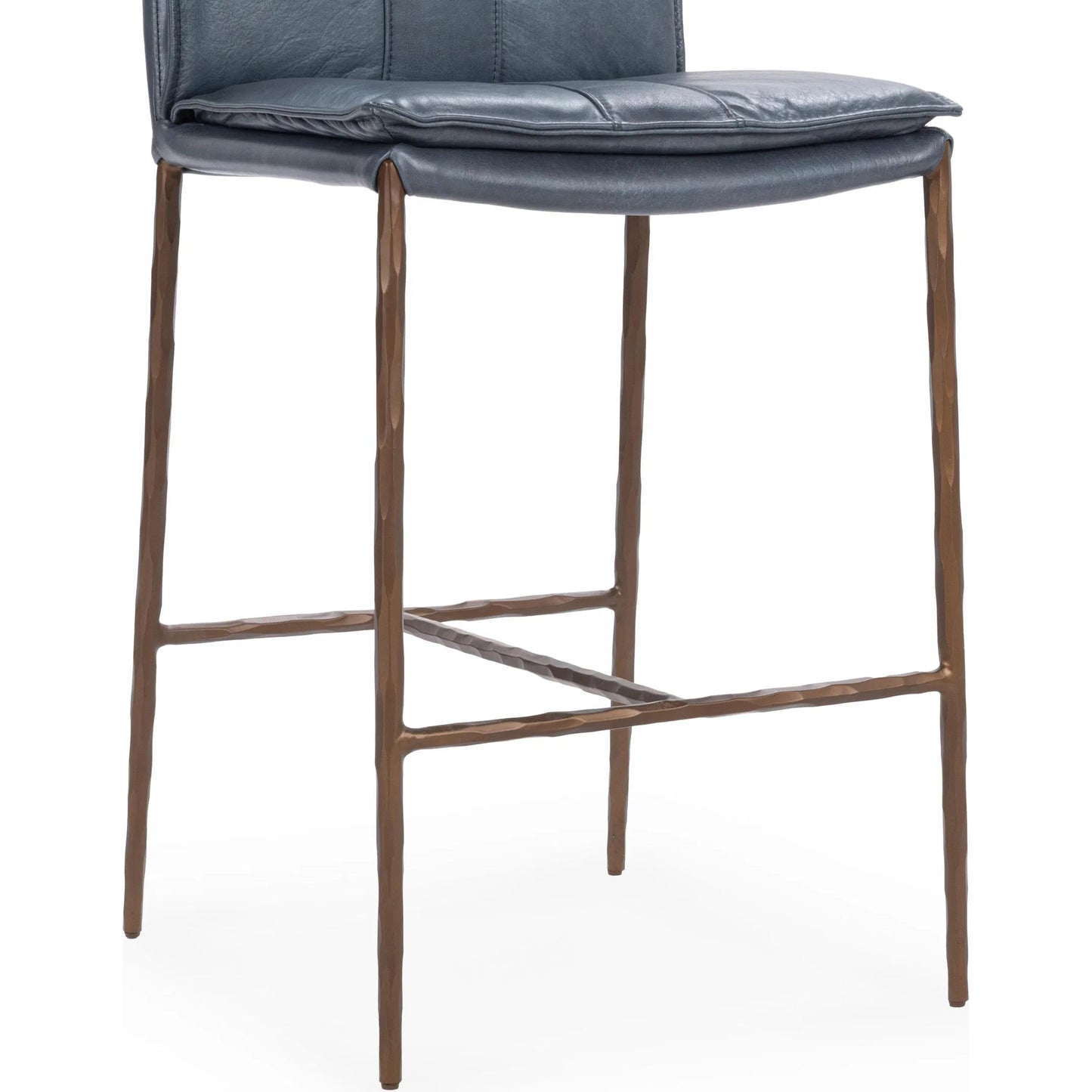 056 SI-2533229 | Closeup | Mayer Leather Counter Stool by Classic Home in ocean blue. Made from top grain leather, hammered iron in a transitional style.
