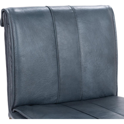 Mayer Leather Counter Stool by Classic Home in ocean blue. Made from top grain leather, hammered iron in a transitional style.