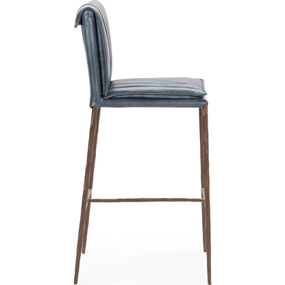 Mayer Leather Bar Stool by Classic Home in ocean blue. Made from top grain leather, hammered iron in a transitional style.