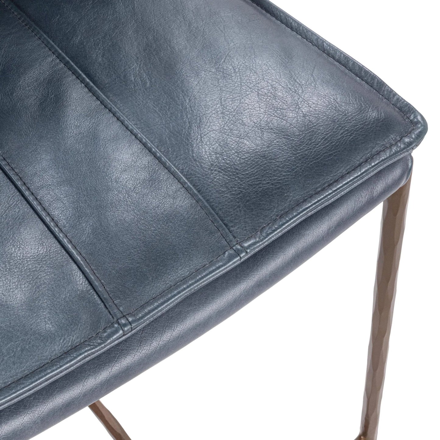 022 SI-2533228 | Closeup | Mayer Leather Bar Stool by Classic Home in ocean blue. Made from top grain leather, hammered iron in a transitional style.
