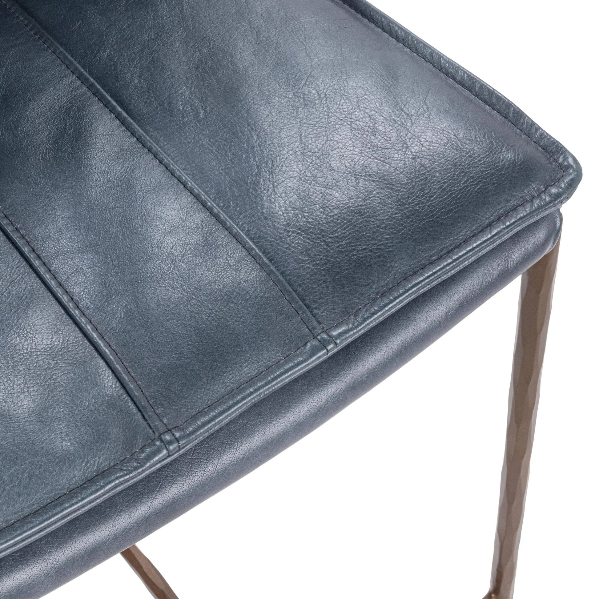 Mayer Leather Bar Stool by Classic Home in ocean blue. Made from top grain leather, hammered iron in a transitional style.