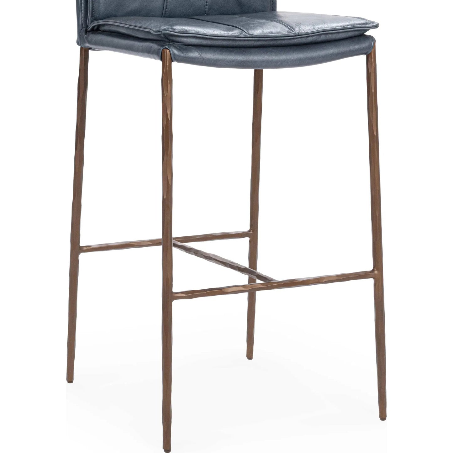 023 SI-2533228 | Closeup | Mayer Leather Bar Stool by Classic Home in ocean blue. Made from top grain leather, hammered iron in a transitional style.