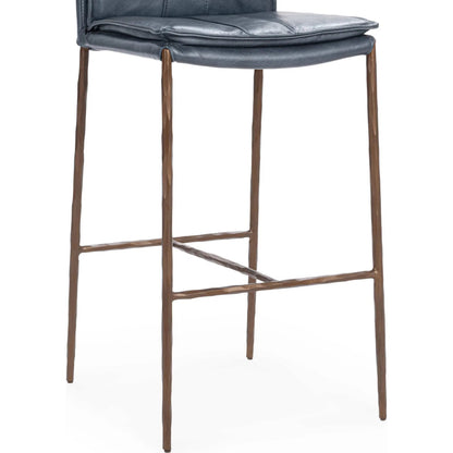 Mayer Leather Bar Stool by Classic Home in ocean blue. Made from top grain leather, hammered iron in a transitional style.