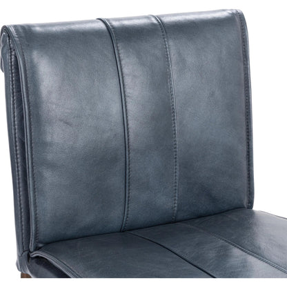 Mayer Leather Bar Stool by Classic Home in ocean blue. Made from top grain leather, hammered iron in a transitional style.