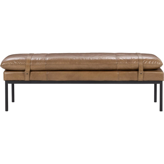 Eliah Top Grain Leather Accent Bench by Classic Home in tan. Made from top grain leather, iron in a unique style.