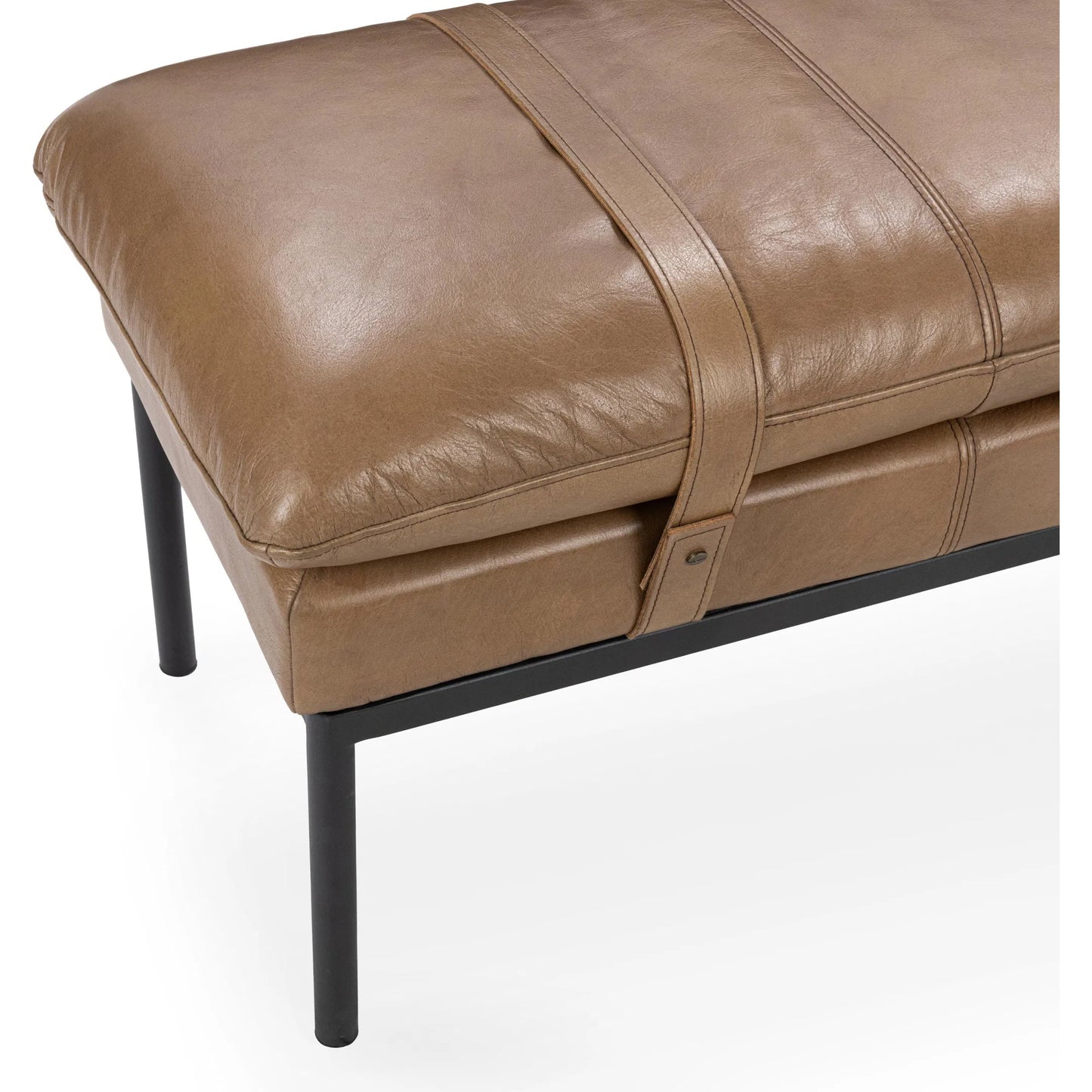 004 SI-2533230 | Closeup | Eliah Top Grain Leather Accent Bench by Classic Home in tan. Made from top grain leather, iron in a unique style.