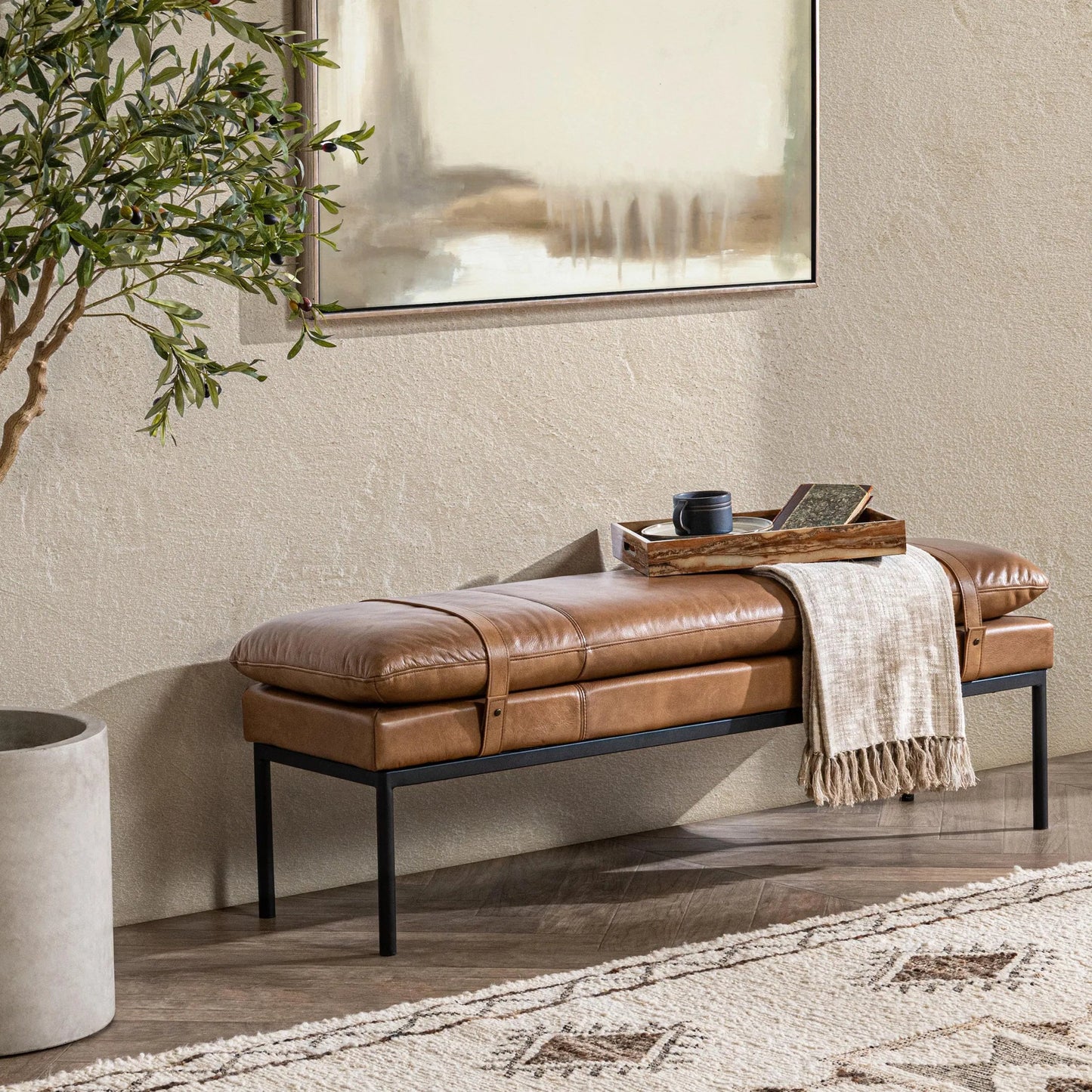 006 SI-2533230 | Lifestyle | Eliah Top Grain Leather Accent Bench by Classic Home in tan. Made from top grain leather, iron in a unique style.