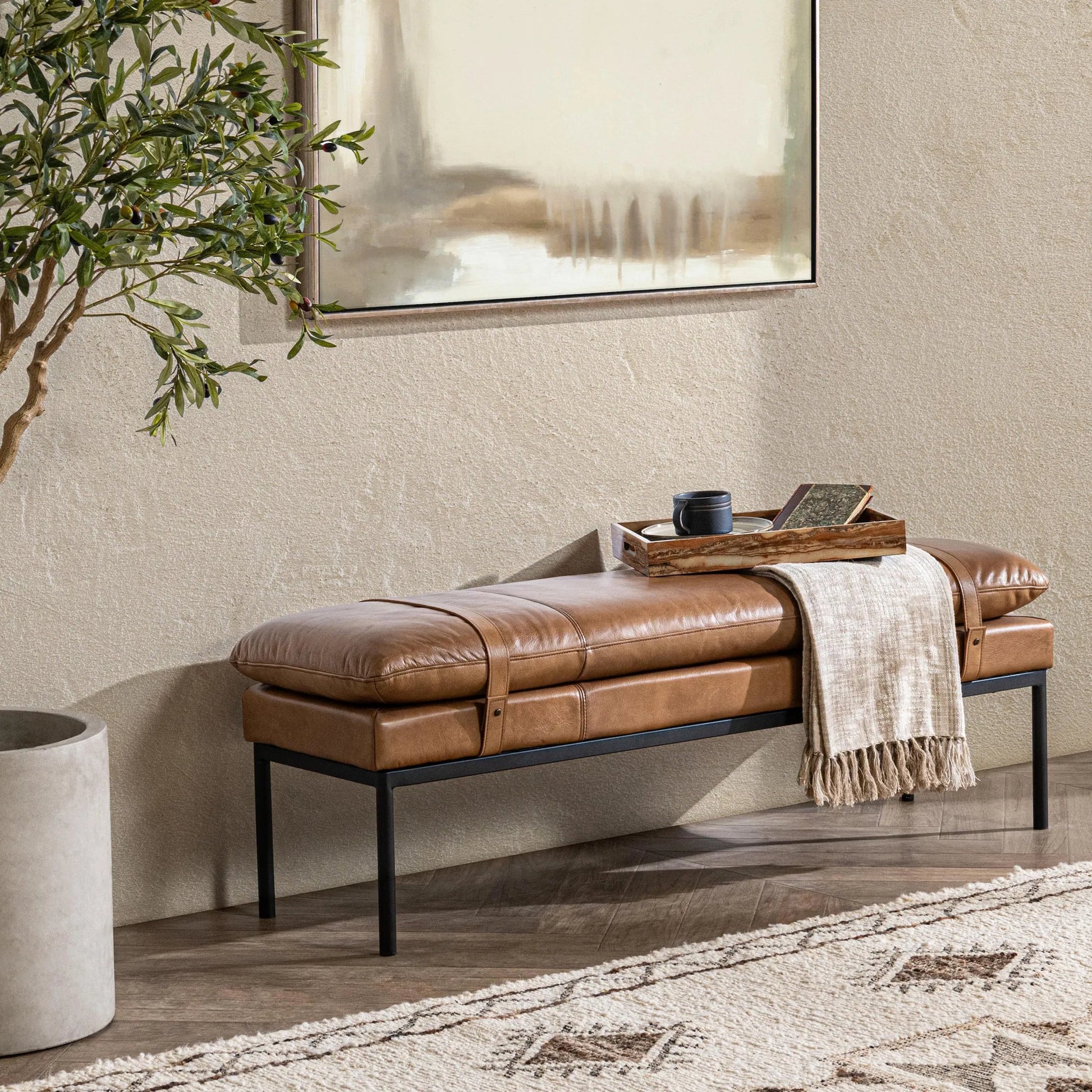 Eliah Top Grain Leather Accent Bench by Classic Home in tan. Made from top grain leather, iron in a unique style.