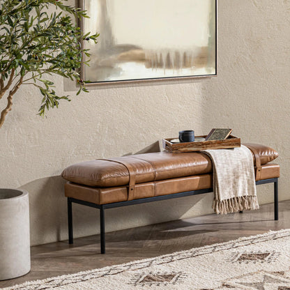 Eliah Top Grain Leather Accent Bench by Classic Home in tan. Made from top grain leather, iron in a unique style.