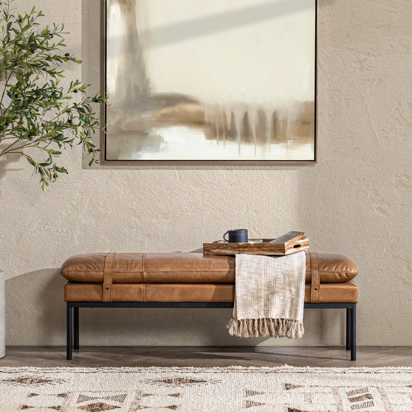 005 SI-2533230 | Lifestyle | Eliah Top Grain Leather Accent Bench by Classic Home in tan. Made from top grain leather, iron in a unique style.