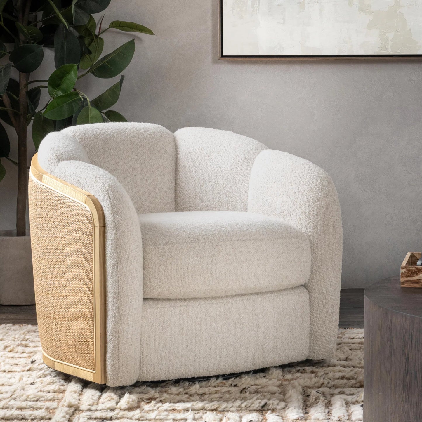 005 SI-2518855 | Lifestyle | Daisy Accent Chair by Classic Home in coastal sand. Made from 90% polyester, 5% acrylic, 5% wool in a transitional style.